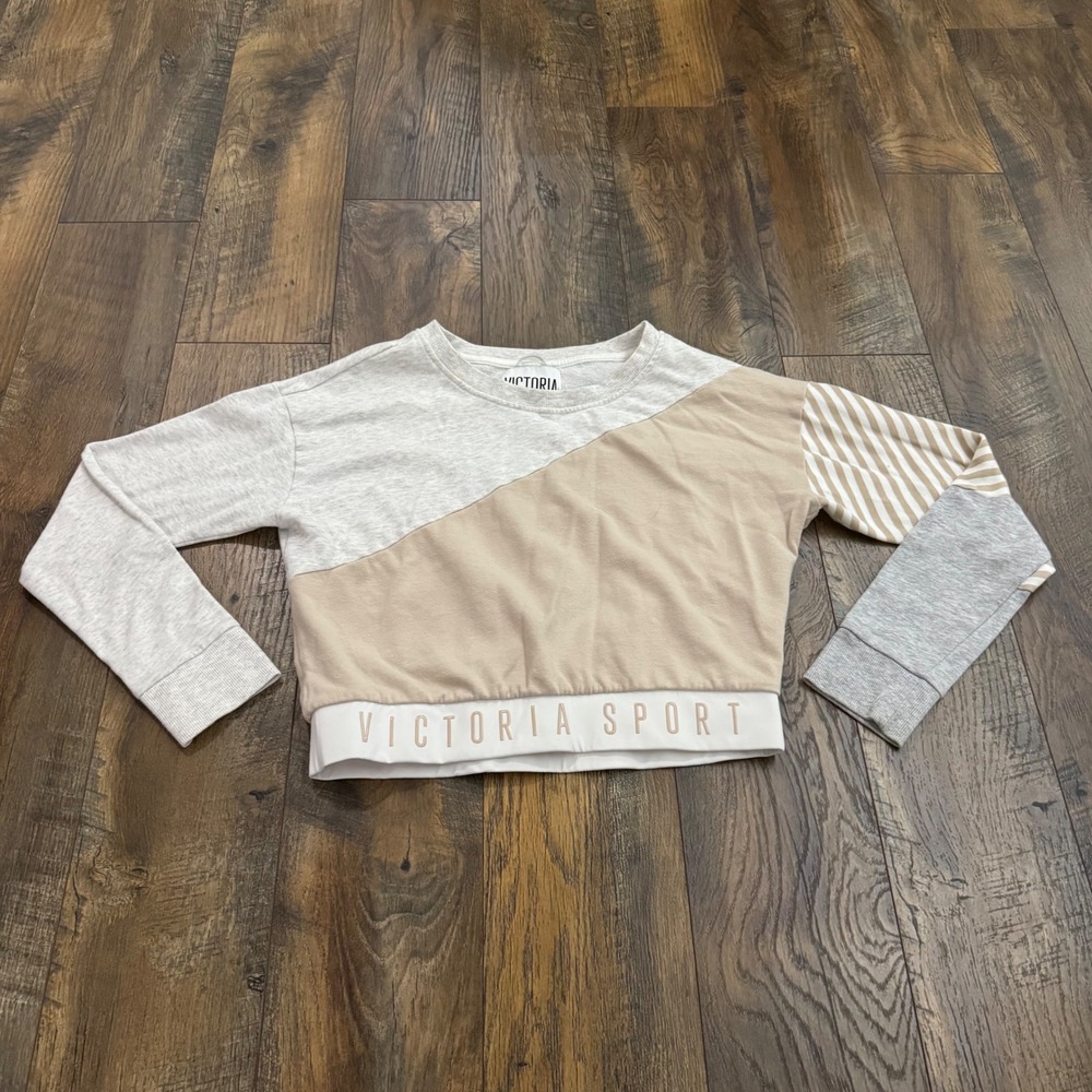 Victoria Sport Colorblock Cropped Sweatshirt Tan Grey Striped Small Pullover
